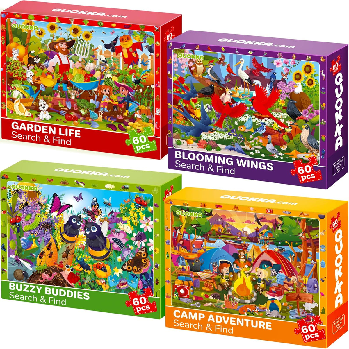 QUOKKA Puzzles for Kids Ages 4-6 - 4 x 60 Puzzles for Toddlers 5-8 - Educational Search and Find Toy for 8-10 yo for Learning Forest Polar, USA National Park Animals and City Life