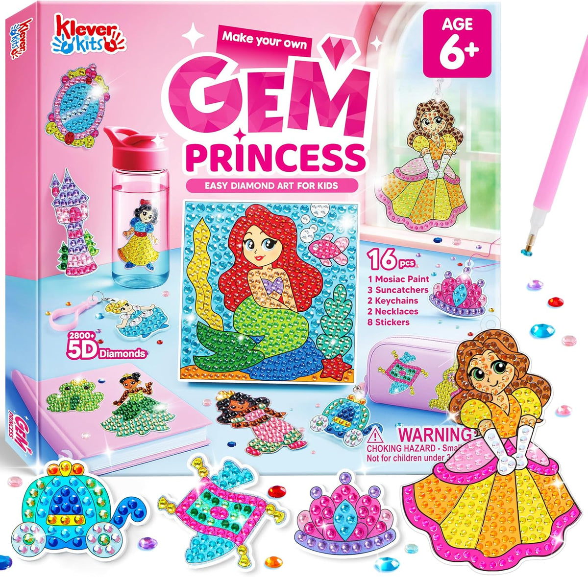 Klever Kits 16 Projects Gem Painting, Kids Diamond Art Kit for Kids with 5D Diamond, Arts and Crafts for Girls Ages 6-12, Gem Craft Activities Kits, Premium Art Gift Ideas for Girls Ages 6, 7, 8+