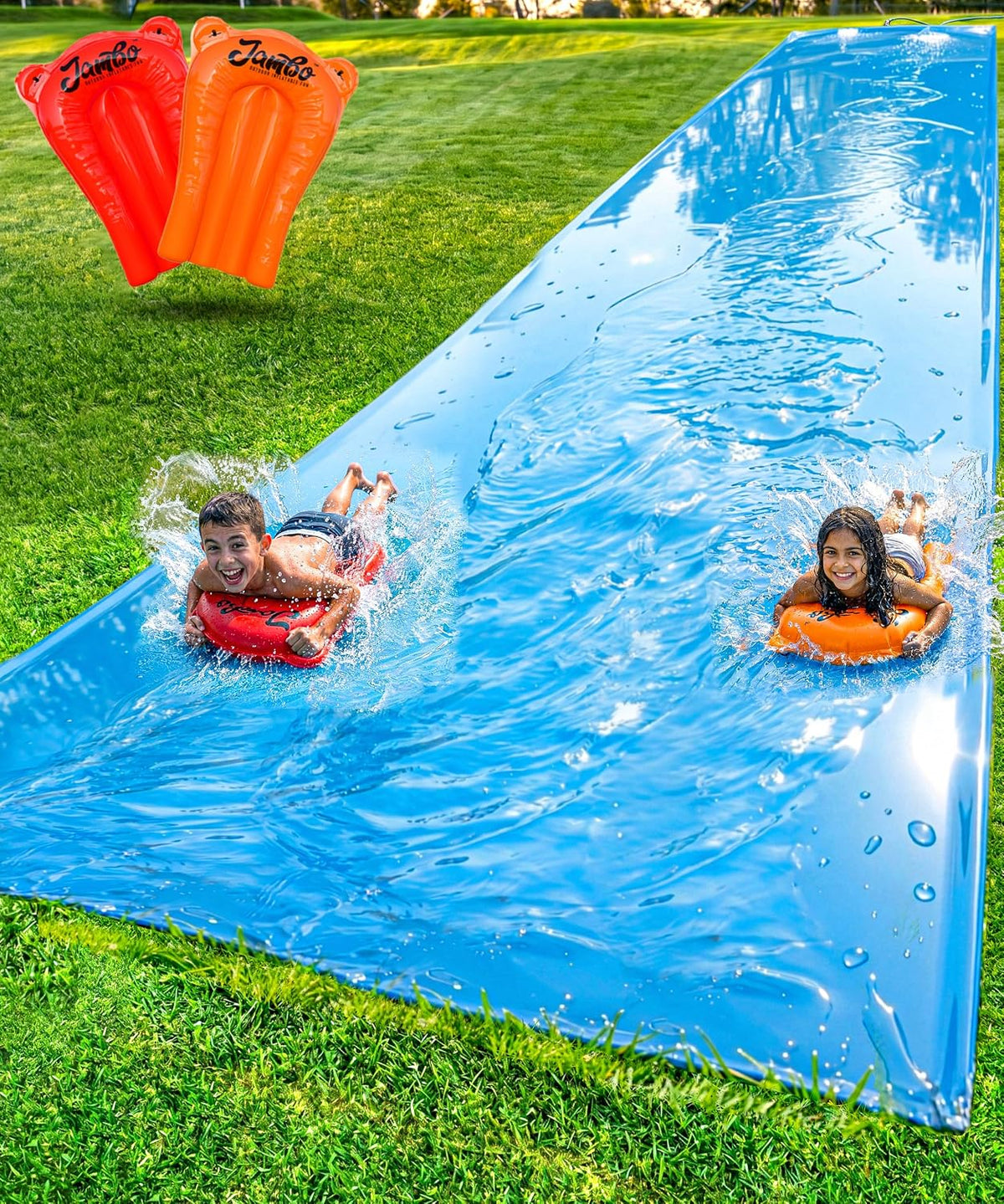 JAMBO Premium Triple Water Slide and 3 Bodyboards, 16Ft Heavy Duty Slip Splash and Slides-Advanced 3-Way Sprinkler System, Splash Pad Mat Backyard Summer Outdoor Water Toys n Long Slides for Kids