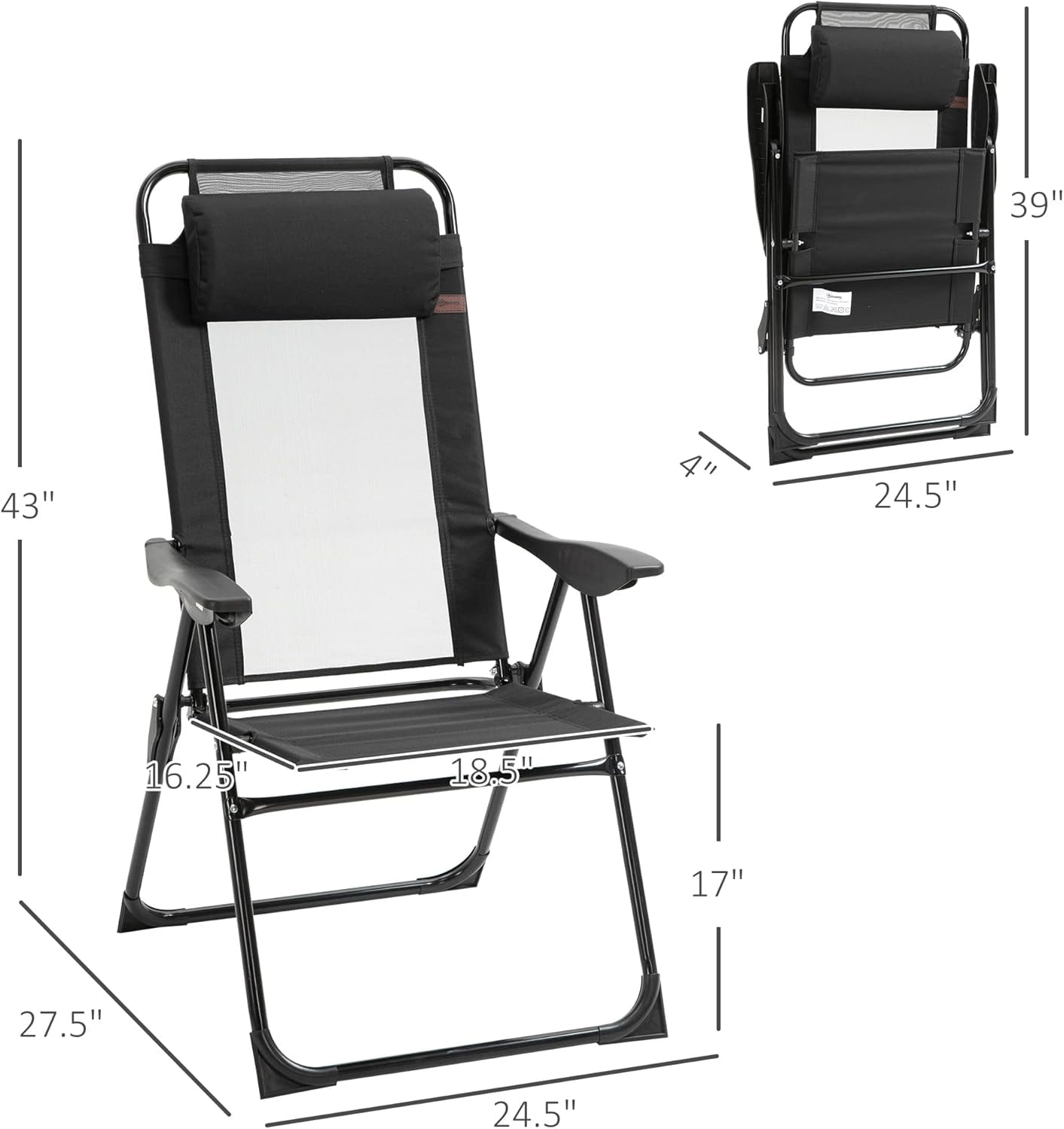 THTGCD Folding Patio Chairs Set of 2, Outdoor Deck Chair with Adjustable Sling Back, Camping Chair with Removable Headrest for Garden, Backyard, Lawn, Black