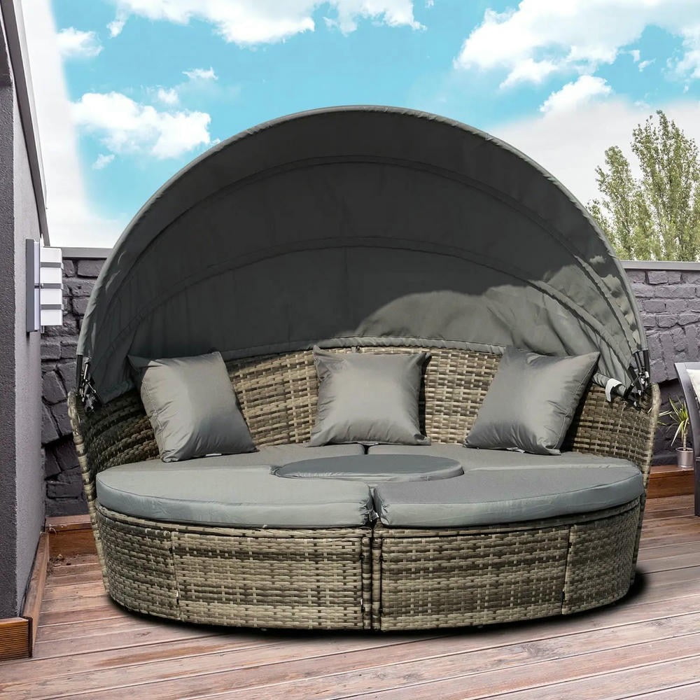 YYAo Outdoor Daybed Set, Sunbed Set,4-Piece Round Convertible Daybed, Outdoor PE Rattan Patio Wicker Sofa Set with 2 Chairs, Table, 3 Pillows, Gray