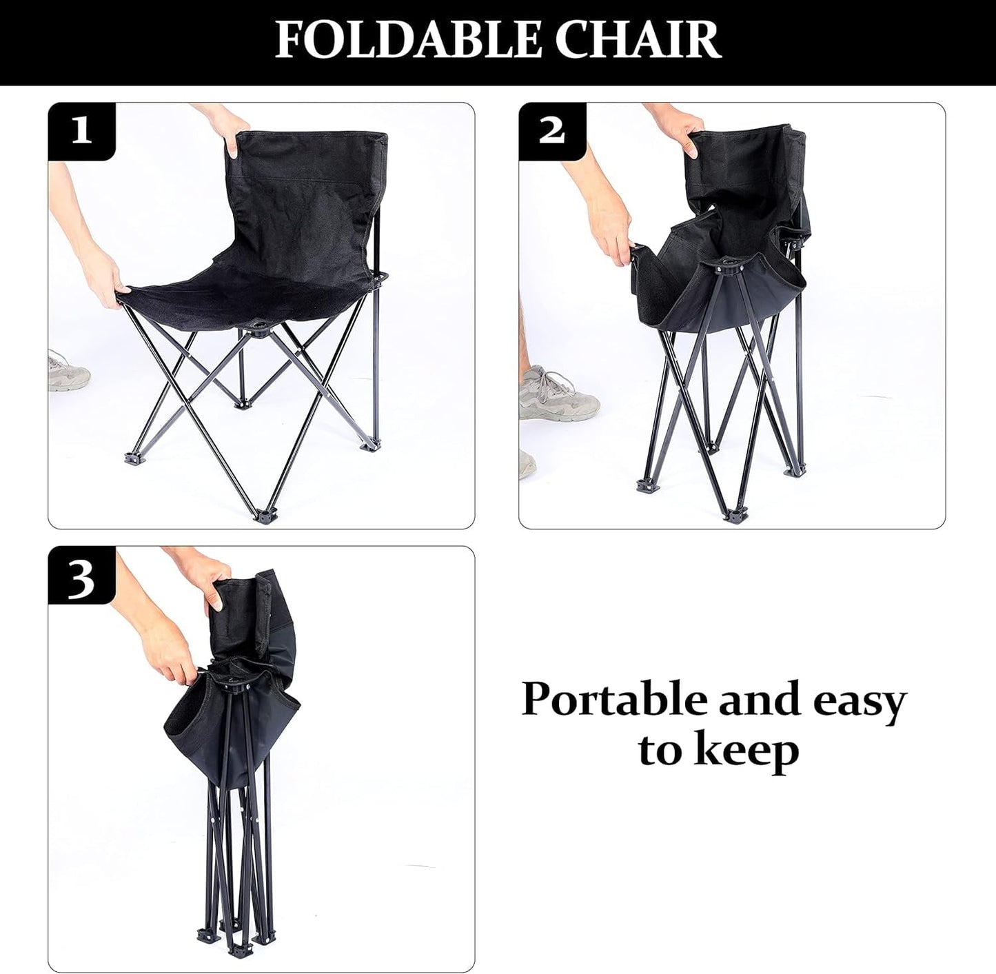 Folding Camping Chair for Adult with Carry Bag,Collapsible Anti-Slip Padded Oxford Cloth Stool for Hiking, Fishing,Picnic,Black,L
