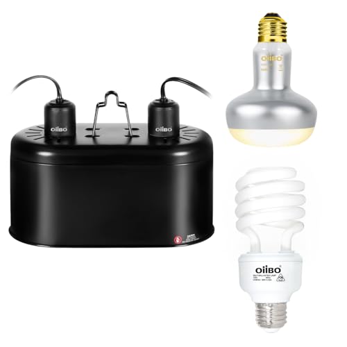Reptile Heat Lamp Blub Combo Pack, Dual Reptile Lamp Fixture with Intense Basking Spot Light UVA Daylight Reptile Heat Lamp & 26W Energy Saving UVA 10.0 UVB Bulb Spiral Compact Bulb