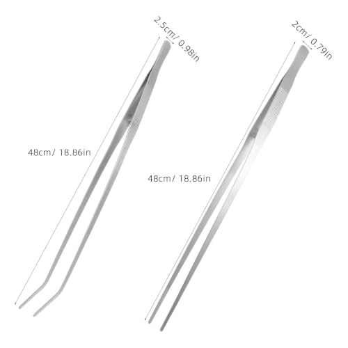 Kisangel 2pcs Long Tweezers: 19" Stainless Steel Straight Curved Tweezers - Precision Tongs with Serrated Tips for Bathroom Kitchen Sink Drain Hair Grabber Aquarium Reptile Feeder