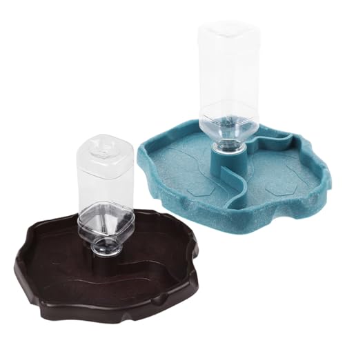 KALLORY Reptile Water Feeder and Food Dish Set, Automatic Water Dispenser with Reservoir, Blue and Dark Brown Plastic Feeding Bowl for Tortoise and Lizard Terrarium