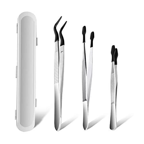 3PCS Tip Tweezers, Silicone Rubber Flat Tipped Tweezers Bent Tip for Jewelry Coin Stamp (Black) - color: Black