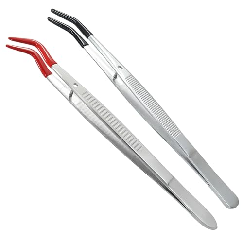2 Pack Curved Tweezers, Silicone Rubber Bent Tip PVC Coated Soft Tip Tweezers, Non Marring Stainless Steel Tools for Jewelry Crafts/Electronics