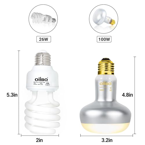 Reptile Heat Lamp Blub Combo Pack, Dual Reptile Lamp Fixture with Intense Basking Spot Light UVA Daylight Reptile Heat Lamp & 26W Energy Saving UVA 10.0 UVB Bulb Spiral Compact Bulb