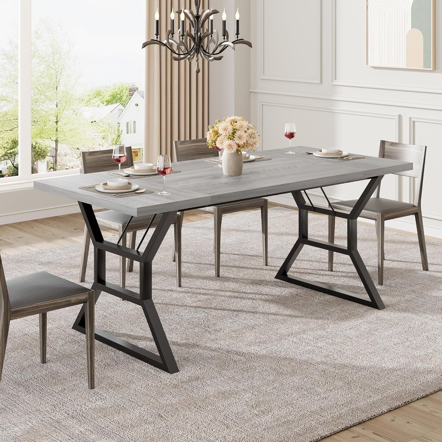 Farmhouse Dining Table for 6, Rectangular Wood Dining Table, Rustic Kitchen Table with Extra Heavy Duty Metal Legs for Dining Room, Outdoor Table for Party, 70.9 * 29.5 * 29.3 Inch (Grey)