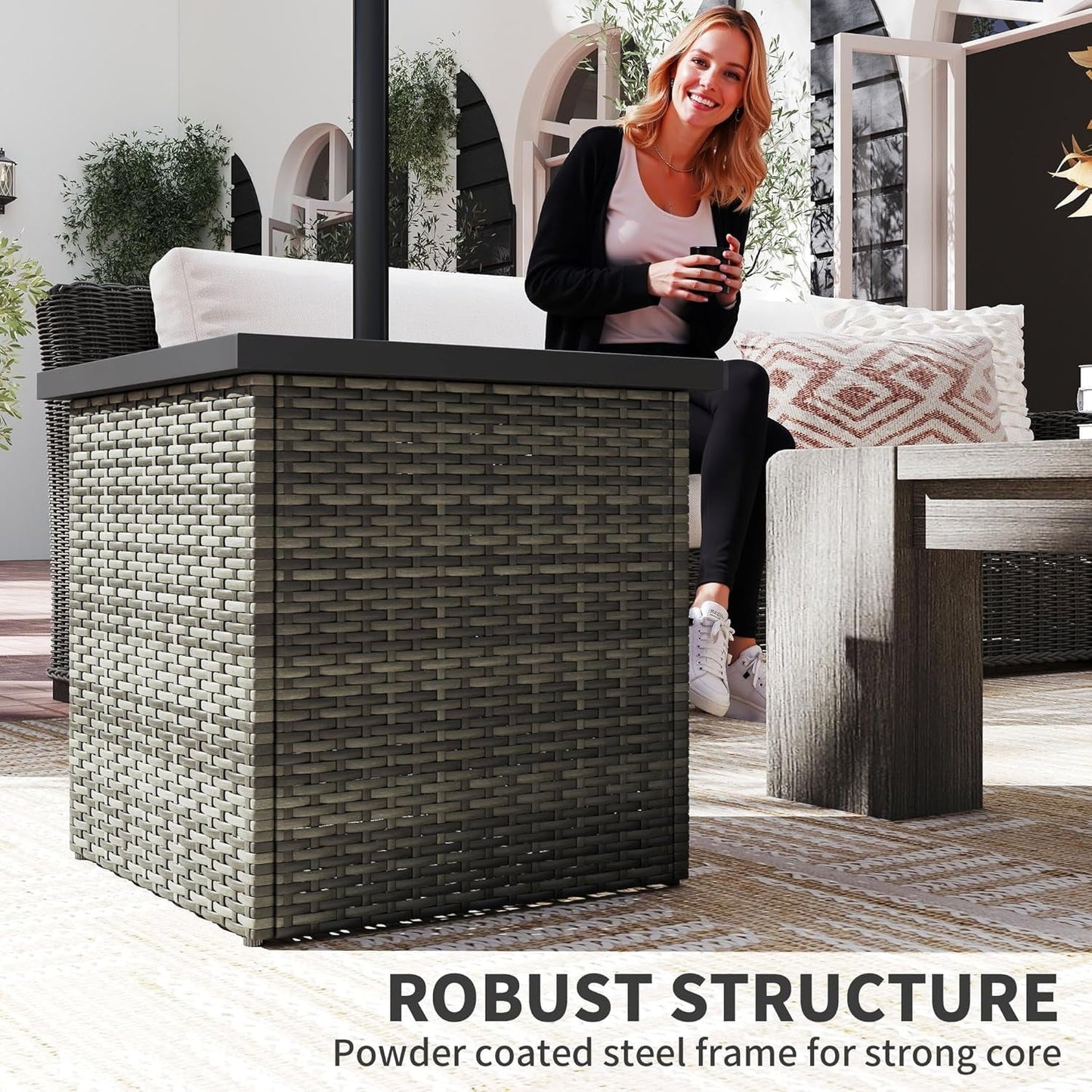 ZOPan All Weather Wicker Side Table with 1.5" Umbrella Hole, Square PE Rattan Outdoor End Table with Umbrella Base, UV-Resistant Frame, Storage Space for Patio, Garden, Poolside, Deck, Mixed-Gray