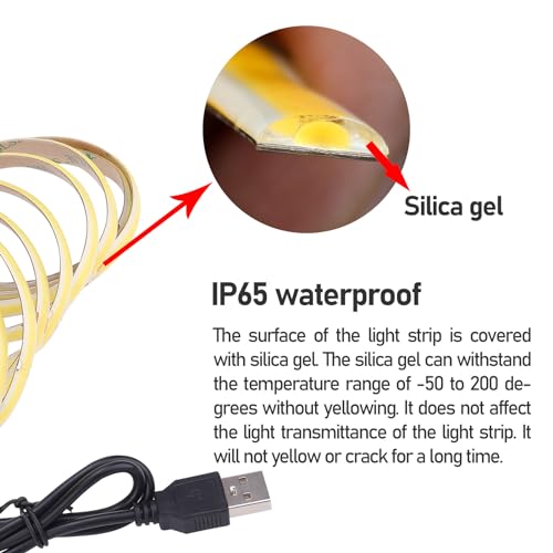 DC 5V USB COB LED Strip Light Natural White 4000K Dimmable IP65 Waterproof CRI 93+ USB Powered 6.6ft/2M 640LEDs with Dimmer High Brightness Flexible LED Tape Lights - color: Natural White