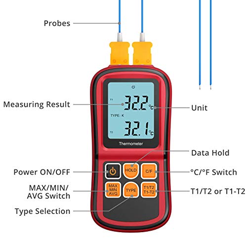 Kamtop Dual Channel Digital Thermocouple Thermometer, K-Type Temperature Meter with 2 Thermocouple Probes, T1/T2 & T1-T2 Measurement, Backlit LCD, MAX/MIN/AVG/Hold, Supports K/J/T/E/R/S/N