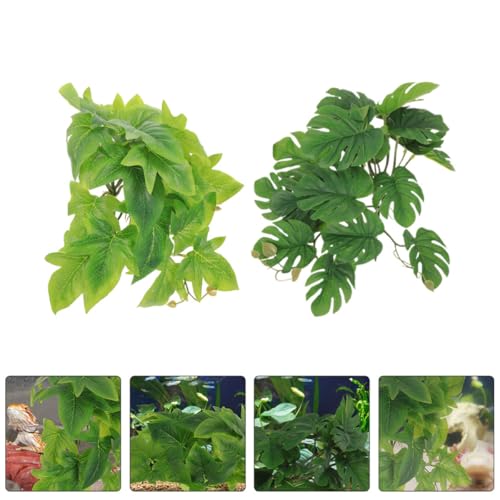 Hemoton 2pcs Hanging Reptile Plants for Terrarium with Suction Cups, Artificial Plastic Leaves 23-Leaf Monstera and Sweet Potato for Amphibian Habitat Decoration