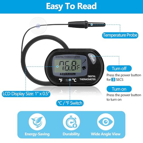 DaToo Aquarium Thermometer with Large LCD Display Fahrenheit/Celsius(℉/℃) Fish Tank Thermometer for Aquarium Reptile Terrarium Digital Water Thermometer with Suction Cup(6 Pack) - size: 6 Pack