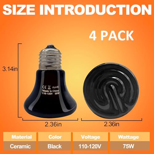 BNOSDM Reptile 75W Ceramic Heat Emitter,4 Pack Reptile Heat Lamp Bulbs,Ceramic Heat Lamp,Brooder Coop Heater for Amphibian Reptile Lizard Turtle Chicken - color: Pack of 4/Black, size: 75 Watts