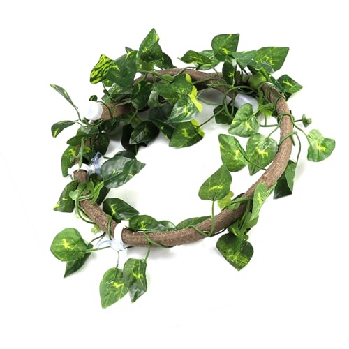 Premium Jungle Reptile Folding Branch Decoration for Chameleon, Turtle, Amphibian, Arboreum 3-D, Flexible Vine, 6.89 Feet Screw, PU+Eco-friendly Plastic (Rattan + Leaves - size: Rattan + foglie di ravanello verde