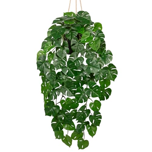Large Fake Hanging Plants in Pot with Hook, 37" Artificial Hanging Monstera Leaves Vines Plants, Fake Potted Greenery Plant for Room Wall Living Room Bathroom Kitchen, Faux Ivy Houseplants for Shelf - color: # Monstera