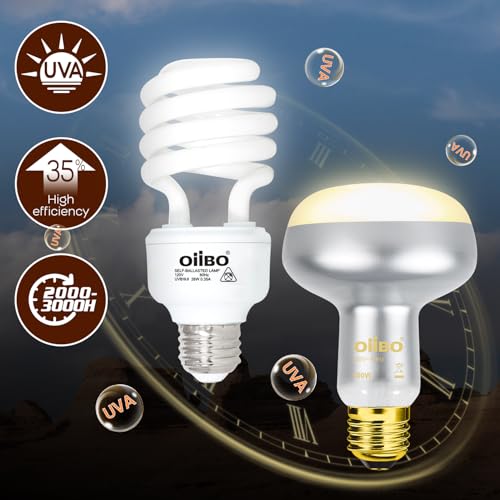 Reptile Heat Lamp Blub Combo Pack, Dual Reptile Lamp Fixture with Intense Basking Spot Light UVA Daylight Reptile Heat Lamp & 26W Energy Saving UVA 10.0 UVB Bulb Spiral Compact Bulb