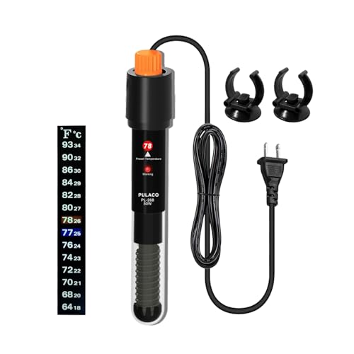 PULACO 50Watt Aquarium Heater for 6-15 Gallon Fish Tank, Adjustable Submersible Heater Thermostat with Thermometer Strip and Suction Cup