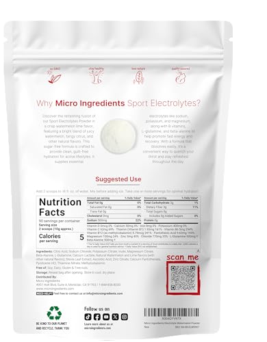 Micro Ingredients Electrolytes Powder, 2 lbs | 90 Servings | Sugar Free Workout Hydration | Potassium, Sodium, L-Glutamine, Beta-Alanine, & More | Watermelon Lime Flavor | Non-GMO, Gluten Free