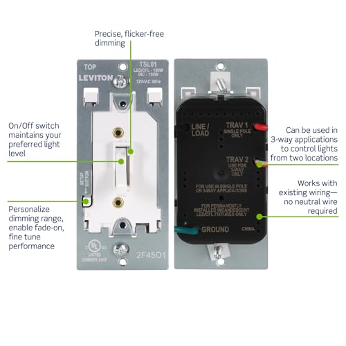 Leviton Toggle Slide LED Advanced Dimmer Switch for 150W Dimmable LED, Halogen and Incandescent Bulbs and Fixtures, TSL01-W, White - color: White