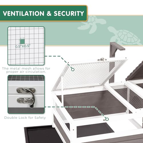 Tortoise Habitat Tank Indoor Outdoor, Wooden Tortoise House with Wheels, 2-Room Reptile Turtle Enclosure Cage for Small Animals, Lamp Holder, Leakproof Tray, Grey - size: 39.0"L x 23.0"W x 14.0"H