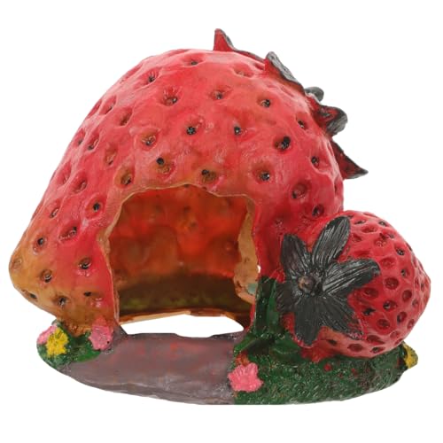POPETPOP Strawberry Shaped Reptile Hideout Resin Cave for Bearded Dragon Lizard Turtle Habitat Basking Platform Aquarium Decor Shelter 5.11X4.33X4.33In