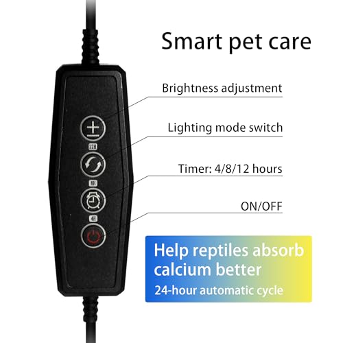 UVB & UVA Light for Reptiles, Dimmable LED Full Spectrum Sunlight Lamp with 3 Lighting Modes, 4/8/12H Timer for Tortoise, Gecko, Bearded Dragon, 8W Reptile Lamp, 8IN - size: 8IN
