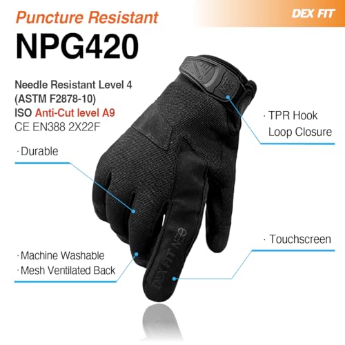 DEX FIT NPG420 Needle Resistant Gloves, ASTM F2878 Level 4 Palm & Lvl 3 Finger, ANSI Cut A9 Heavy Duty Industrial Protection, Multi-Layered Steel Mesh Puncture Proof Work Gloves, Black, XXL, 1 Pair - size: XX-Large