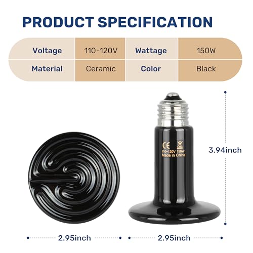 YSSOA 150W Ceramic Heat Emitter, Reptile Heat Bulbs, Ceramic Heat Lamp for Reptiles, Amphibian, Chicken, Dog, Cat, 2 Pack, Black - color: Black, size: 2 Pack, style: 150W