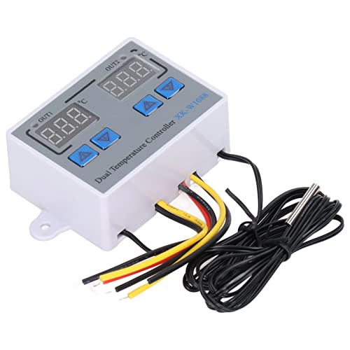 Dual Display Temperature Humidity Controller, Digital Thermostat Switch with 10K Sensor, Heating Cooling Thermostat for Greenhouse Reptile Tank, 12V Input Wide Range - 50℃ to