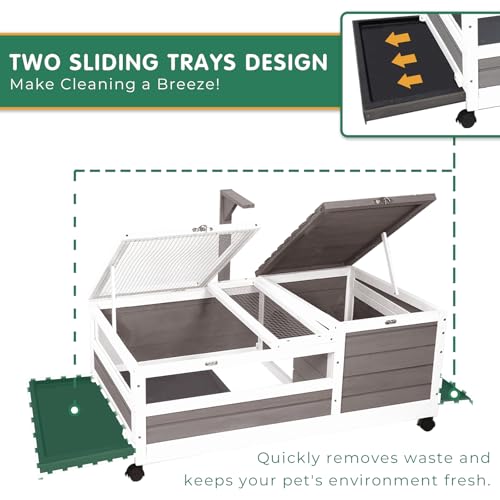 Tortoise Habitat Tank Indoor Outdoor, Wooden Tortoise House with Wheels, 2-Room Reptile Turtle Enclosure Cage for Small Animals, Lamp Holder, Leakproof Tray, Grey - size: 39.0"L x 23.0"W x 14.0"H