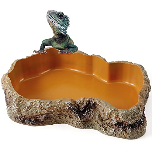 Reptile Food Water Resin Rock Bowls Lizard Gecko Worm Feeding Dish XL | Amphibian Feeder Bowl Terrarium Decor for Bearded Dragons, Chameleon, Leopard Gecko Frog Snake Hermit Crabs Turtle Spider Pet - size: X-Large