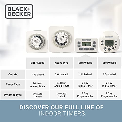 BLACK+DECKER Light Timers, Programmable, Indoor, 2 Pack, with Polarized Outlet - Compact Digital Timer Outlet with Daylight Savings Mode, 7-Day Weekly Settings - Plug Timer for Appliances, Lamps