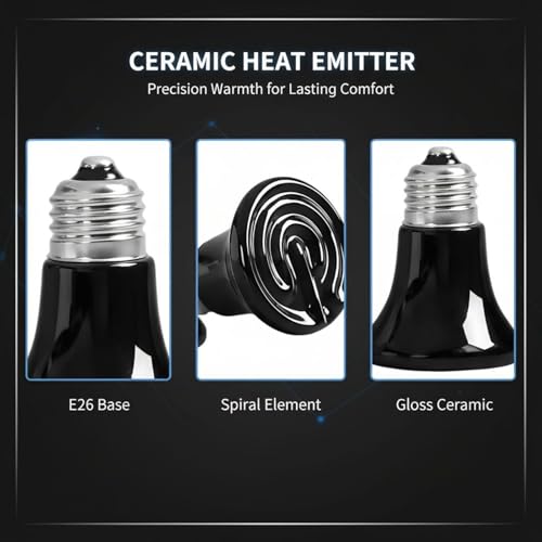2 Pcs Mini Ceramic Heat Emitter, 75W Reptile Heat Lamp, Infrared Brooder Coop Heater, E26 Socket, No Light, Anti-Scald Safe Heating Bulb for Pet, Chicken, Lizard, Turtle