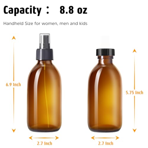 Tecohouse Amber Glass Spray Bottles 8.8 oz, 2 Pack Empty Spray Bottle for Essential Oils, Small Glass Bottles for Cleaning Solutions, Plants, Hair with Durable Nozzle, Labels, Funnel - color: 8.8 oz Amber