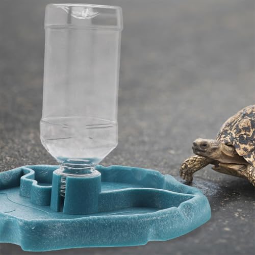 KALLORY Reptile Water Feeder and Food Dish Set, Automatic Water Dispenser with Reservoir, Blue and Dark Brown Plastic Feeding Bowl for Tortoise and Lizard Terrarium