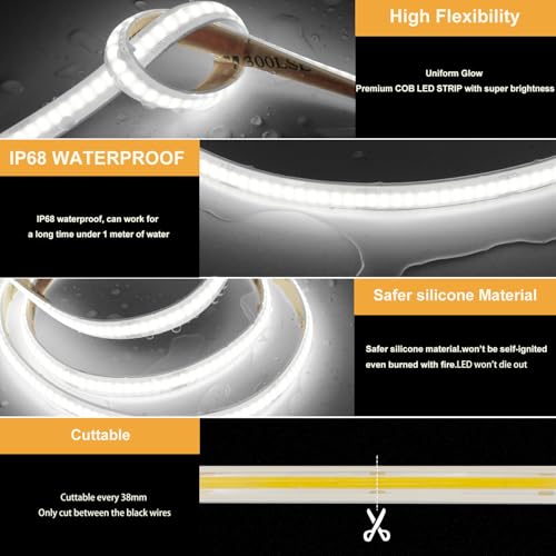 AXMOTUT COB LED Strip Lights Waterproof IP68, 6000K Daylight White Outdoor 24V Dimmable Silicone LED Tape Lighting 16.4ft High Density, 3000LM+, 1600LEDs,(Power Supply Not Included) - size: 6000K/16.4ft-IP68