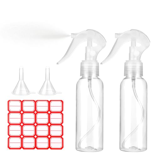 KALIONE 2 Pcs Small Spray Bottles 3.5oz/100ml Mist Continuous Spray Bottle for Essential Oils Water Squirt Reusable Liquid Container Mini Mister Spray Bottles with 2 Pcs Funnels and 16 Pcs Labels