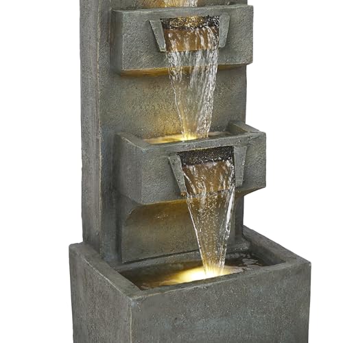 Alpine Corporation TZL406 33" 3 Tier Basin Cascading Fountain with LED Lights, Outdoor Water Feature for Garden, Patio, Backyard & Home Decor, Elegant Waterfall Design, Gray - style: 33"H - Gray 4-Tier w/ LEDs