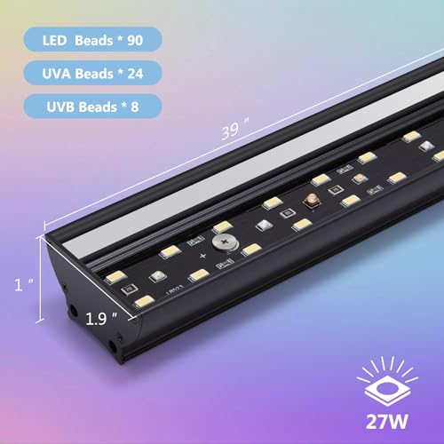 REPTITRIP 39-Inch LED UVB Reptile Light with Auto On/Off & Preset Day-Night Cycle Dimming, 4 UVI Modes Fixture Controller, 27W Aluminum UVA UVB Lamp for Bearded Dragons, Turtles & Snakes, 6500K - size: 39 INCH