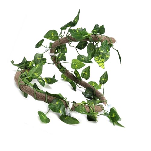 Premium Jungle Reptile Folding Branch Decoration for Chameleon, Turtle, Amphibian, Arboreum 3-D, Flexible Vine, 6.89 Feet Screw, PU+Eco-friendly Plastic (Rattan + Leaves - size: Rattan + foglie di ravanello verde