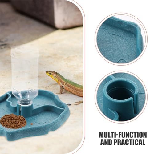 KALLORY Reptile Water Feeder and Food Dish Set, Automatic Water Dispenser with Reservoir, Blue and Dark Brown Plastic Feeding Bowl for Tortoise and Lizard Terrarium