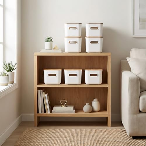 Citylife Storage Bins with Bamboo Lids 7QT Plastic Storage Containers Stackable Organizer Boxes with Handle for Desk Snacks, Toys, 2 PCS, 10" L x 7" W x 5.8" H - size: Small, style: 2 Pack
