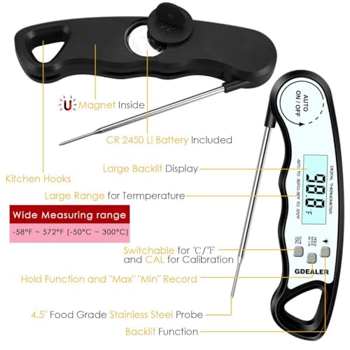 GDEALER Meat Thermometer Digital Instant Read Thermometer Ultra-Fast Cooking Food Thermometer with 4.6” Folding Probe Calibration Function for Kitchen Milk Candy, BBQ Grill, Smokers (Black) - color: D-Black