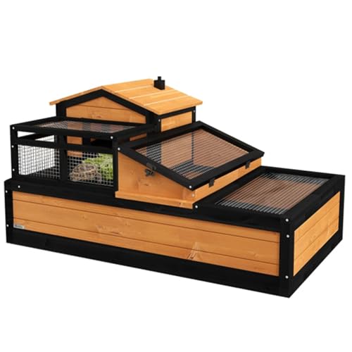 Wooden Turtle House, Small Animal Cage, Small Animal House, Pet Supplies, Mesh Roof, Three Separate Areas, Two Levels, Indoor/Outdoor Use, Openable Roof, Pull-Out Tray, Yellow