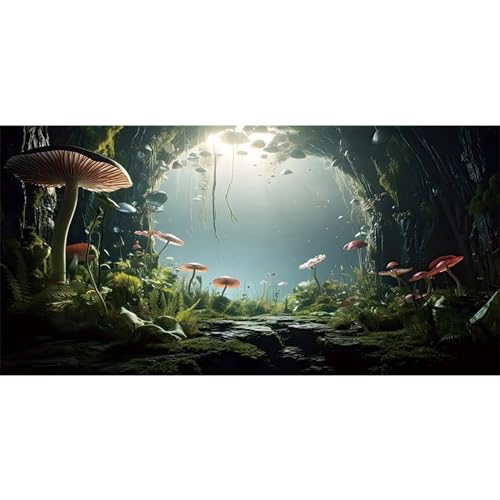 AWERT 24x16 inches Aquarium Background Foggy Stone Mushroom Moss Terrarium Background Polyester Green Plants Cave Fish Tank Background - size: 24x16in/60x40cm