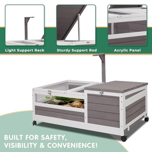 Tortoise Habitat Tank Indoor Outdoor, Wooden Tortoise House with Wheels, 2-Room Reptile Turtle Enclosure Cage for Small Animals, Lamp Holder, Leakproof Tray, Grey - size: 39.0"L x 23.0"W x 14.0"H