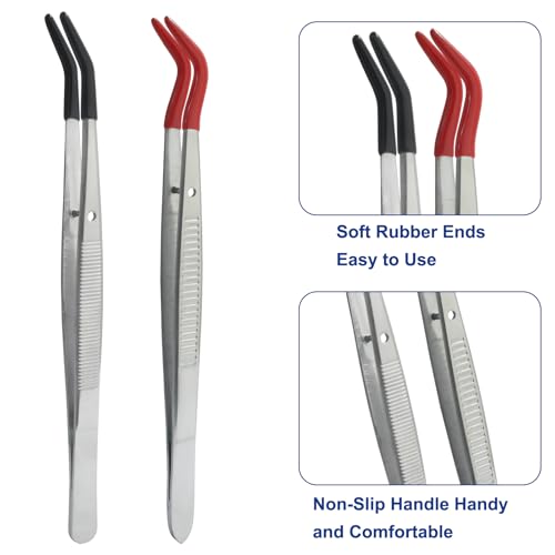 2 Pack Curved Tweezers, Silicone Rubber Bent Tip PVC Coated Soft Tip Tweezers, Non Marring Stainless Steel Tools for Jewelry Crafts/Electronics