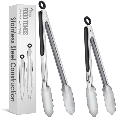 Hotec Stainless Steel Kitchen Tongs, Set of 2-9" and 12", Locking Metal Food Tongs for Cooking, Serving, BBQ, Grill Non-Slip Grip - size: 2pack: 9+12inch